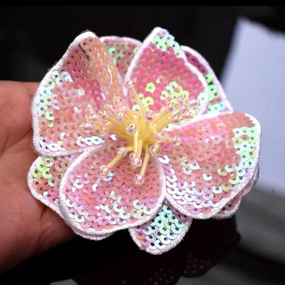 3D hibiscus beaded applique flower sew on iron on patch sequins tropical pink - Picture 10 of 11